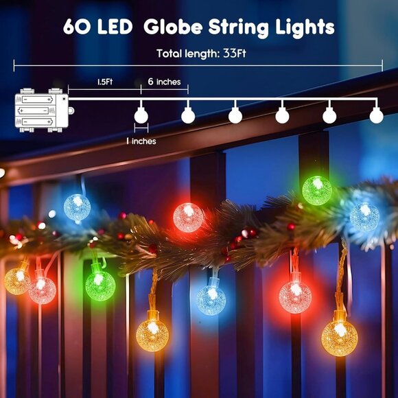 Crystal Globe String Lights Battery Operated 33 ft 60 LED Fairy Remote 8 Modes - Picture 3 of 7